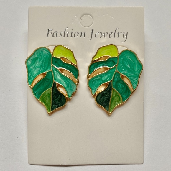 Fashion Jewelry Jewelry - Gold & Green Tropical Leaf Stud Earrings